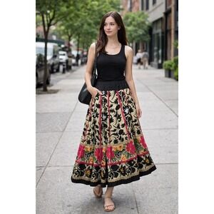Soft Surroundings 1X Cotton Floral Boho Maxi Skirt Beaded Pockets Multi